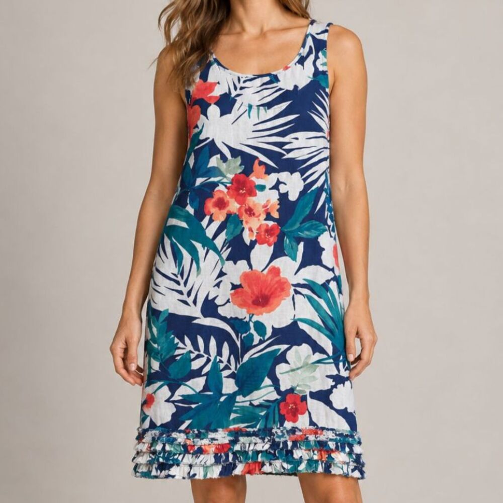 Tommy Bahama Linen Shift Dress Tropical Floral Fringe Hem Navy Size Medium